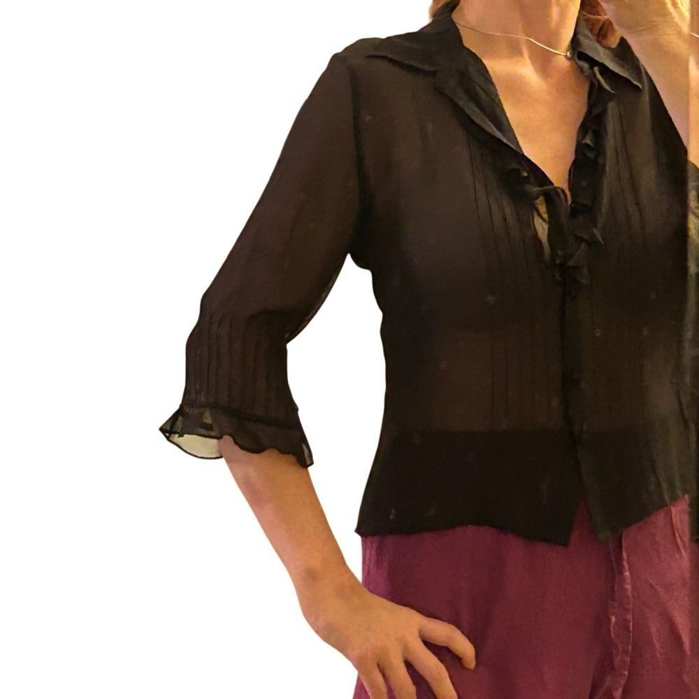 Vintage silk sheer Whimsigoth Ruffles Spenser Jeremy Black V Neck Blouse 8 M - Picture 6 of 13